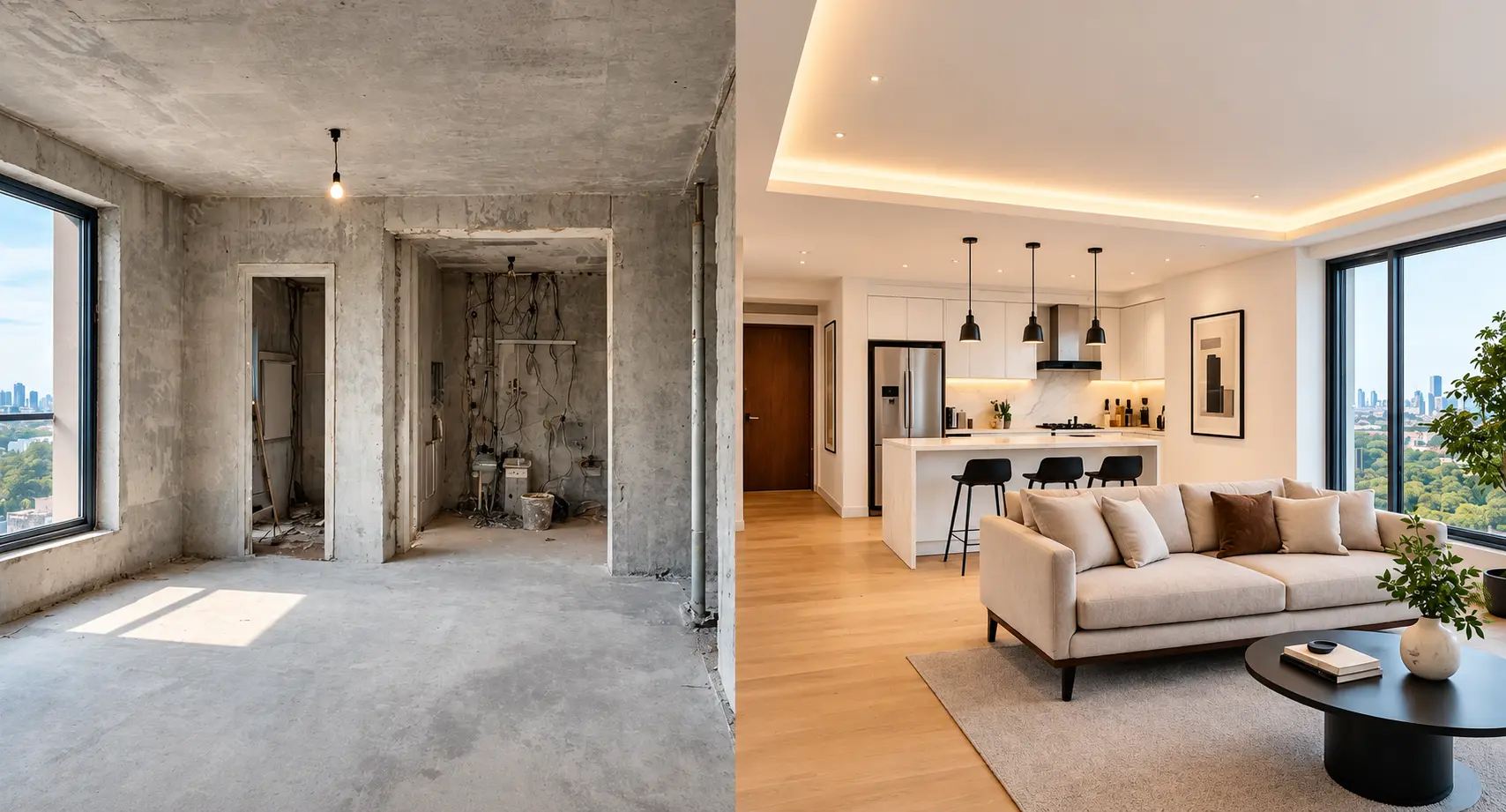 Before-and-after interior transformation showing an unfinished apartment space and its completed modern living room and open kitchen design